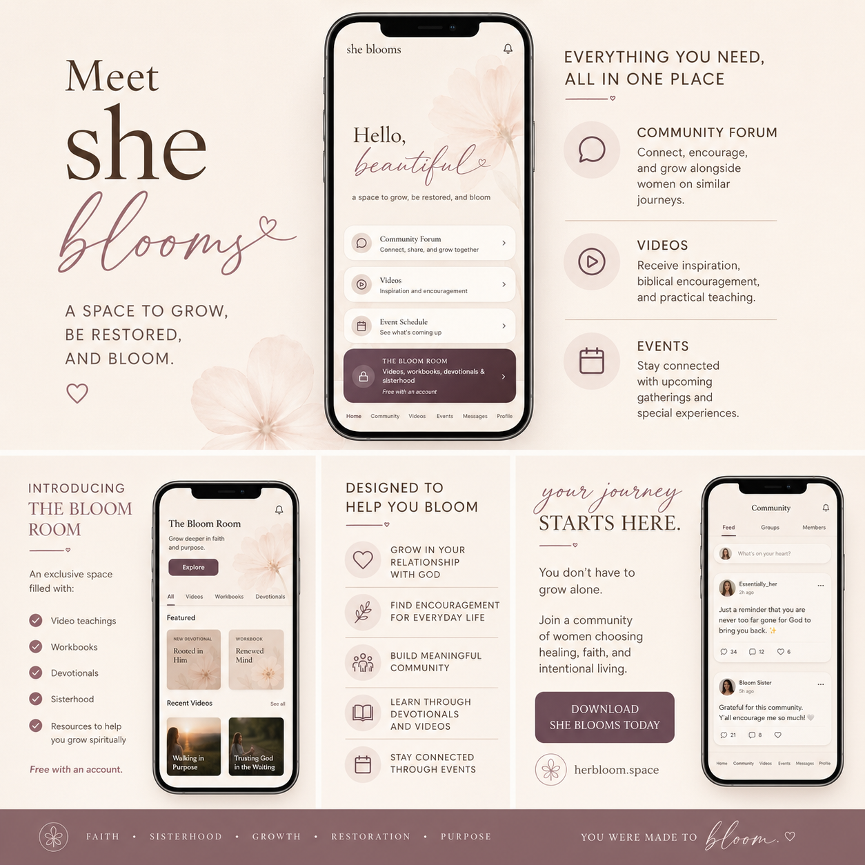 She Blooms app mockups showing community forum, the Bloom Room, events, and community feed