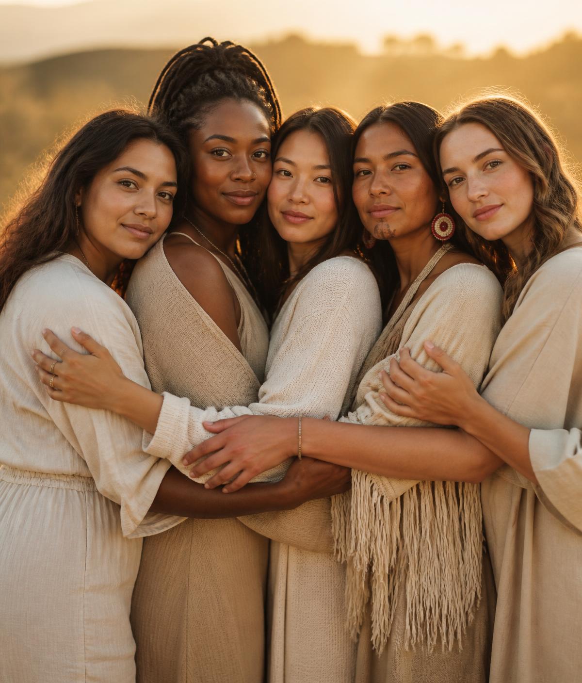 Five women of different ethnicities embracing at golden hour