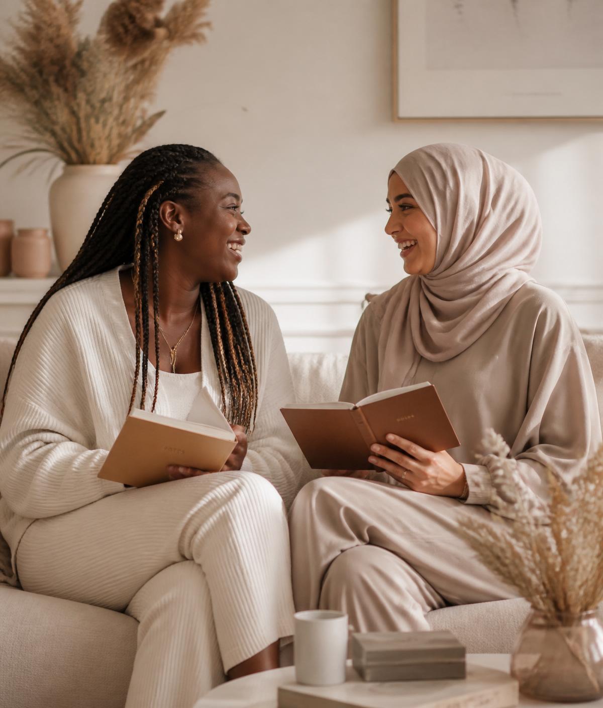 A Black woman with braids and a woman wearing a hijab reading and mentoring together